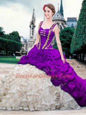 Custom Fit Straps White And Purple Ball Gowns Beading and Ruffles and Pick Ups Vestidos de Quinceanera Lace Up Organza and Taffeta Sleeveless With Train