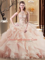 Beautiful Scoop Peach 15 Quinceanera Dress Tulle Brush Train Sleeveless Beading and Ruffles