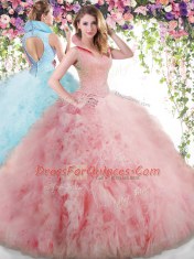 Fitting Beading and Ruffles Vestidos de Quinceanera Baby Pink Backless Sleeveless Floor Length