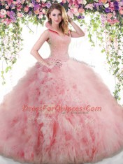 Fitting Beading and Ruffles Vestidos de Quinceanera Baby Pink Backless Sleeveless Floor Length