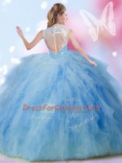 Floor Length Blue Quince Ball Gowns Tulle Sleeveless Beading and Ruffles and Sequins