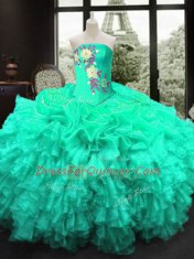 Sleeveless Lace Up Floor Length Embroidery and Ruffles 15th Birthday Dress