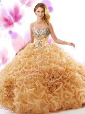 Sweetheart Sleeveless Organza Quince Ball Gowns Beading and Ruffles Court Train Lace Up