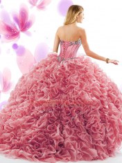 Sweetheart Sleeveless Organza Quince Ball Gowns Beading and Ruffles Court Train Lace Up