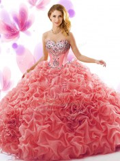 Sweetheart Sleeveless Organza Quince Ball Gowns Beading and Ruffles Court Train Lace Up