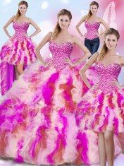 Graceful Four Piece Sweetheart Sleeveless Tulle Sweet 16 Quinceanera Dress Beading and Ruffles Lace Up