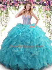 Custom Made Aqua Blue Ball Gowns Organza Sweetheart Sleeveless Beading and Ruffles Floor Length Lace Up Sweet 16 Dresses