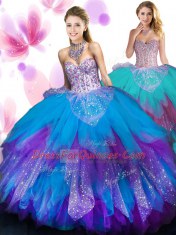 Beading and Ruffled Layers Quinceanera Dresses Multi-color Lace Up Sleeveless Floor Length