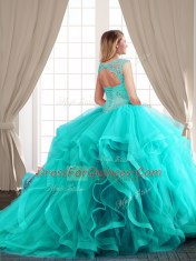 Scoop Turquoise Ball Gowns Beading and Appliques and Ruffles Quinceanera Dress Lace Up Tulle Cap Sleeves With Train