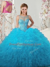 Scoop Sleeveless Tulle Floor Length Lace Up Quinceanera Dress in Baby Blue with Beading and Ruffles