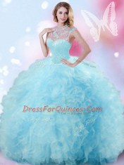 Light Blue Ball Gowns Tulle High-neck Sleeveless Beading and Ruffles and Pick Ups Floor Length Zipper 15 Quinceanera Dress