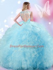 Light Blue Ball Gowns Tulle High-neck Sleeveless Beading and Ruffles and Pick Ups Floor Length Zipper 15 Quinceanera Dress