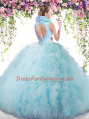 Captivating Floor Length Lavender 15 Quinceanera Dress High-neck Sleeveless Backless
