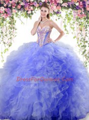 Noble Blue Sweetheart Neckline Beading and Ruffles Quinceanera Dresses Sleeveless Lace Up