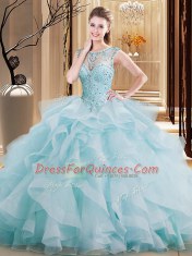 Wonderful Scoop Sleeveless Beading and Ruffles Lace Up Quinceanera Dress with Light Blue Brush Train