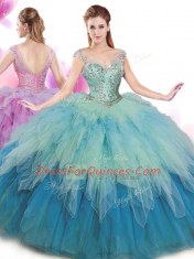 Top Selling Floor Length Multi-color Sweet 16 Dresses V-neck Cap Sleeves Lace Up