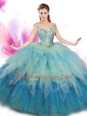 Top Selling Floor Length Multi-color Sweet 16 Dresses V-neck Cap Sleeves Lace Up