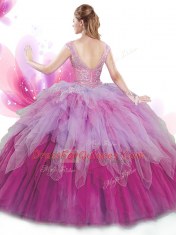 Top Selling Floor Length Multi-color Sweet 16 Dresses V-neck Cap Sleeves Lace Up