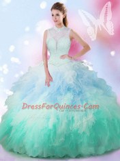 New Style Multi-color Sleeveless Beading and Ruffles Floor Length Quince Ball Gowns