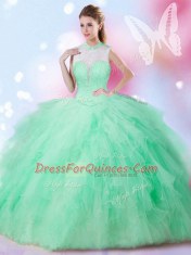 Apple Green Ball Gowns Tulle High-neck Sleeveless Beading and Ruffles Floor Length Lace Up 15th Birthday Dress
