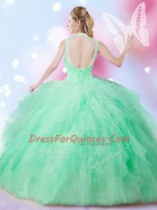 Apple Green Ball Gowns Tulle High-neck Sleeveless Beading and Ruffles Floor Length Lace Up 15th Birthday Dress