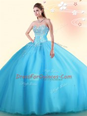 Baby Blue Ball Gowns Tulle Sweetheart Sleeveless Beading Floor Length Lace Up Quinceanera Gown