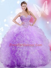 Hot Selling Floor Length Lavender Sweet 16 Dresses Tulle Sleeveless Beading and Ruffles