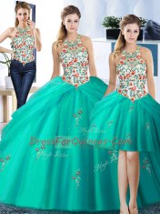 Pretty Three Piece Halter Top Sleeveless Embroidery and Pick Ups Lace Up 15 Quinceanera Dress