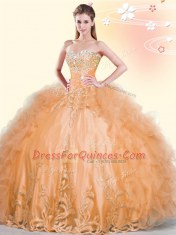 Orange Tulle Lace Up Sweetheart Sleeveless Floor Length 15th Birthday Dress Beading and Appliques and Ruffles