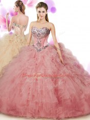 Floor Length Peach Quince Ball Gowns Tulle Sleeveless Beading and Ruffles