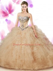 Floor Length Peach Quince Ball Gowns Tulle Sleeveless Beading and Ruffles