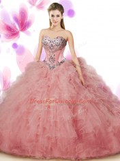 Floor Length Peach Quince Ball Gowns Tulle Sleeveless Beading and Ruffles