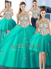 Traditional Four Piece Halter Top Pick Ups Turquoise Sleeveless Tulle Lace Up Quinceanera Dress for Military Ball and Sweet 16 and Quinceanera