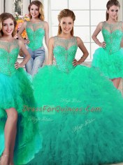 Four Piece Scoop Sleeveless Tulle Floor Length Lace Up Sweet 16 Quinceanera Dress in Turquoise with Beading and Ruffles