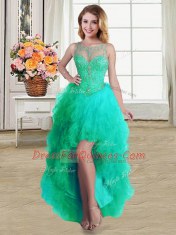 Four Piece Scoop Sleeveless Tulle Floor Length Lace Up Sweet 16 Quinceanera Dress in Turquoise with Beading and Ruffles