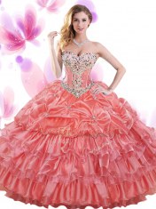 Sleeveless Organza Floor Length Lace Up Sweet 16 Quinceanera Dress in Watermelon Red with Beading and Ruffled Layers and Pick Ups