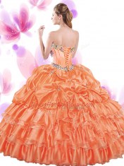 Sleeveless Organza Floor Length Lace Up Sweet 16 Quinceanera Dress in Watermelon Red with Beading and Ruffled Layers and Pick Ups