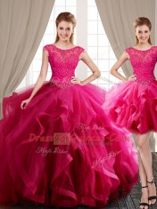 Elegant Three Piece Hot Pink Scoop Neckline Beading and Appliques and Ruffles Quinceanera Dresses Cap Sleeves Lace Up