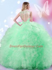 Excellent Apple Green Quinceanera Dresses Military Ball and Sweet 16 and Quinceanera and For with Beading and Ruffles and Sequins High-neck Sleeveless Zipper
