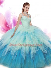 Sleeveless Zipper Floor Length Beading and Ruffles Quince Ball Gowns