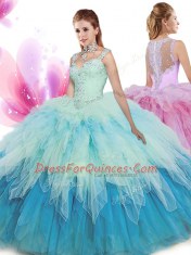 Sleeveless Zipper Floor Length Beading and Ruffles Quince Ball Gowns