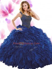 Custom Fit Fuchsia Organza Zipper Scoop Sleeveless Floor Length 15th Birthday Dress Beading and Ruffles