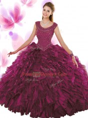 Custom Fit Fuchsia Organza Zipper Scoop Sleeveless Floor Length 15th Birthday Dress Beading and Ruffles