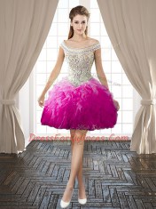 Fuchsia Off The Shoulder Backless Beading and Ruffles Prom Gown Sleeveless