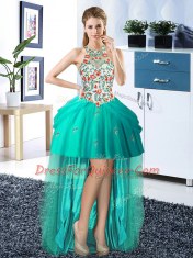 Traditional Turquoise Homecoming Dress Prom and Party and For with Embroidery and Pick Ups Halter Top Sleeveless Lace Up