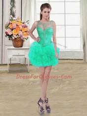 Attractive Scoop Turquoise Ball Gowns Beading and Ruffles Evening Dress Lace Up Tulle Sleeveless Mini Length
