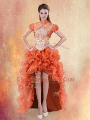 Designer Orange Red Ball Gowns Organza Straps Sleeveless Beading and Ruffles High Low Lace Up Prom Dress