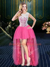 Hot Pink A-line Organza Scoop Sleeveless Beading High Low Zipper Homecoming Dress Brush Train