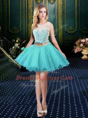 Organza Scoop Sleeveless Clasp Handle Lace Prom Dresses in Aqua Blue