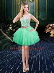 Custom Design Scoop Sleeveless Tulle Mini Length Clasp Handle Homecoming Dress in Apple Green with Lace